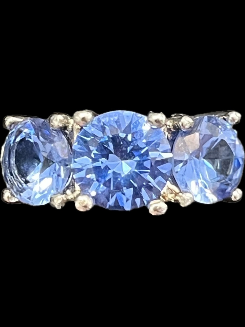 Technibond silver vintage blue Tanzanite 3-stone anniversary cocktail band ring